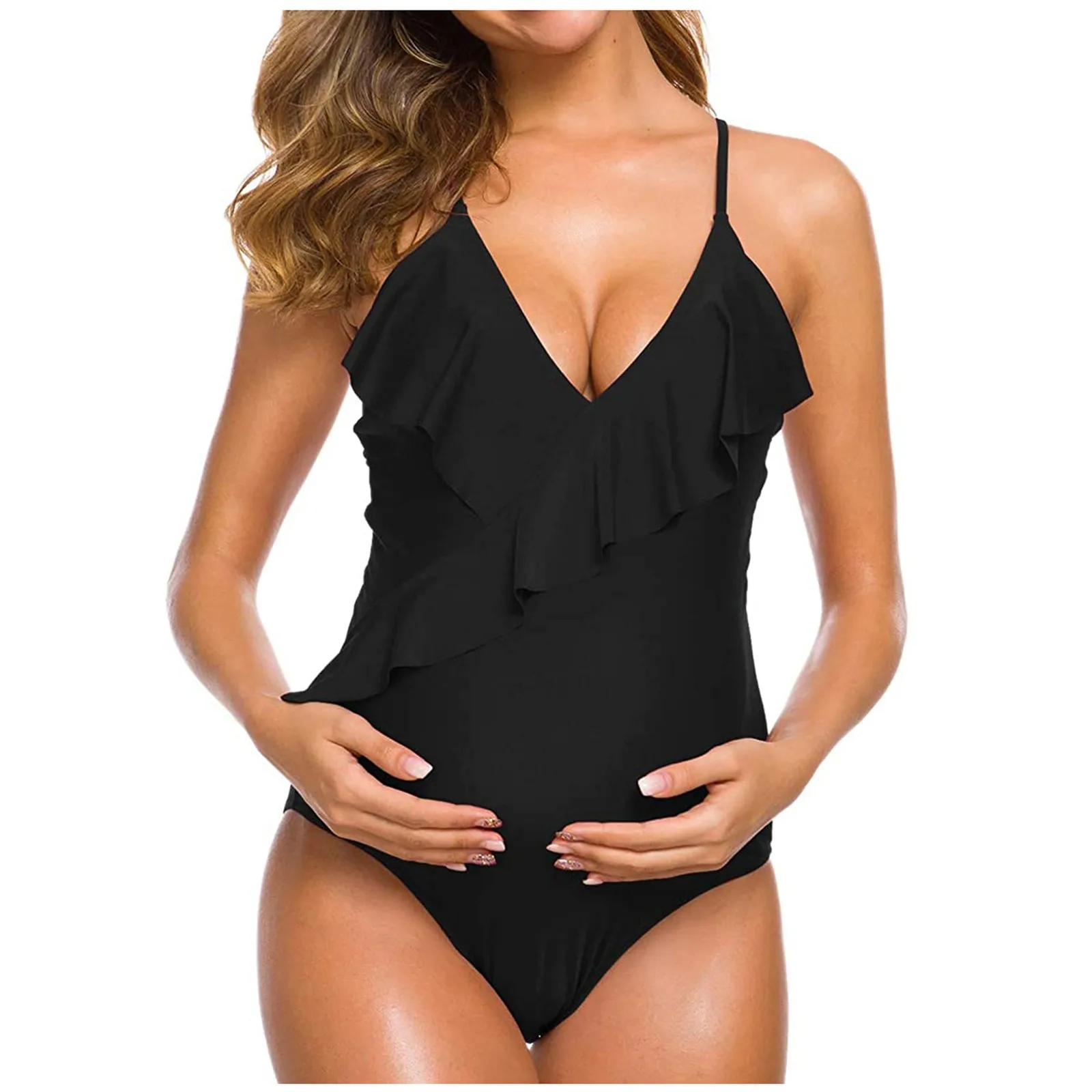 Pregnant Swimsuit Sexy Maternity Solid Backless Bikinis Falbala Ruffle Beachwear for Women in Summer maternity swimwear women beachwear