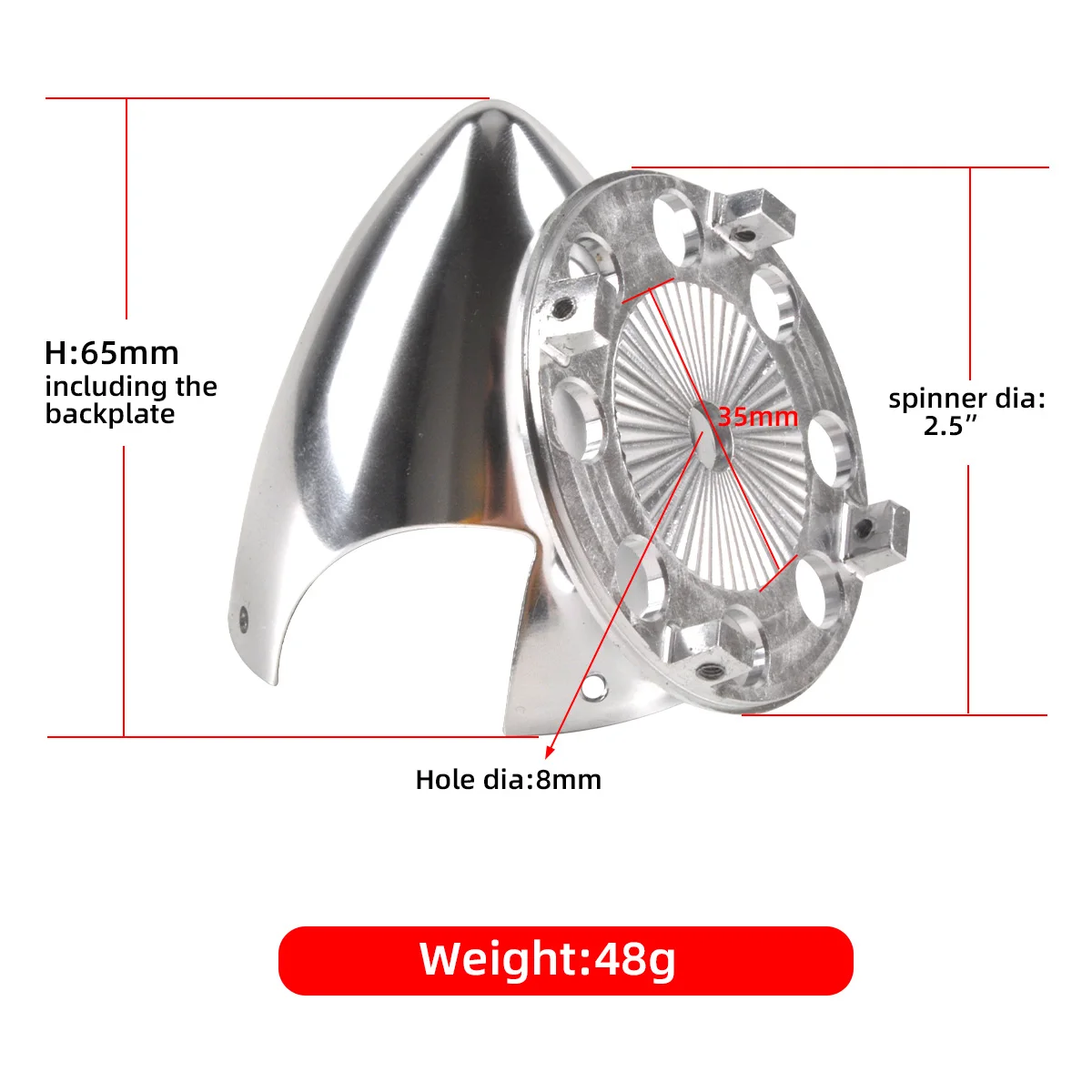 Gros plan sur le spinner en aluminium 2.5 pouces, reflets métalliques et percées spéciales pour adaptateur accessoires.