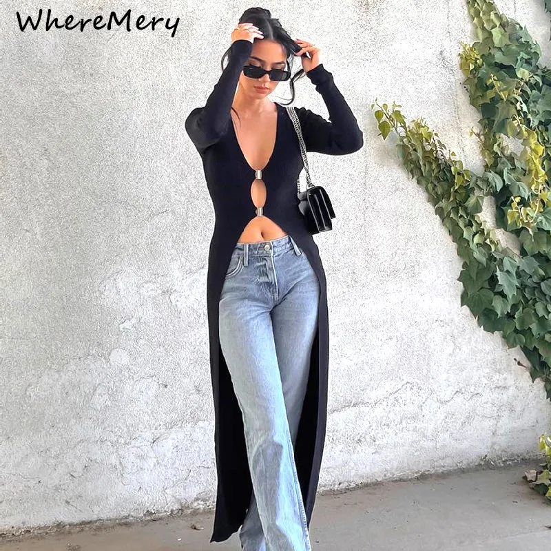 WhereMery 섹시 할로우 아웃 긴 소매 맥시 T 셔츠 여성 V 넥 로우 컷 메..