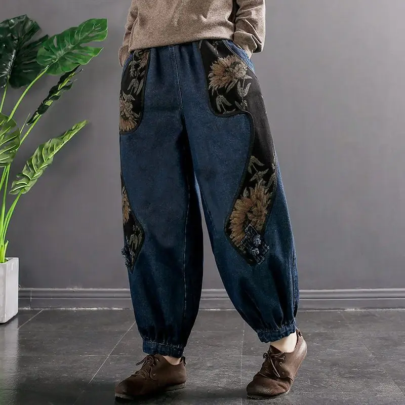 2023 Spring and Autumn Vintage Literature and Art Ethnic Style Patchwork Printed High Waist Pocket Loose Versatile Radish Jeans