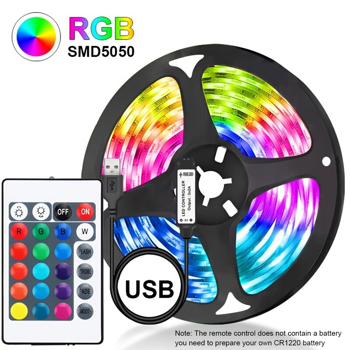 색상 변경 5050 RGB LED 유연한 USB 스트립 조명, 어린이 게임방 홈 파티 TV 백라이트, 24 키, 5M