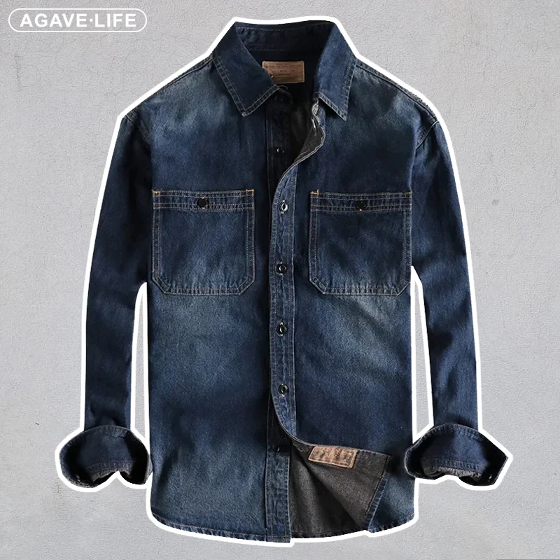 

Military Tactics Long Sleeve Jean Shirt Male Retro Tough Guy Casual Denim Shirt Men's Tops Autumn Winter Tooling Old Shirt Coat