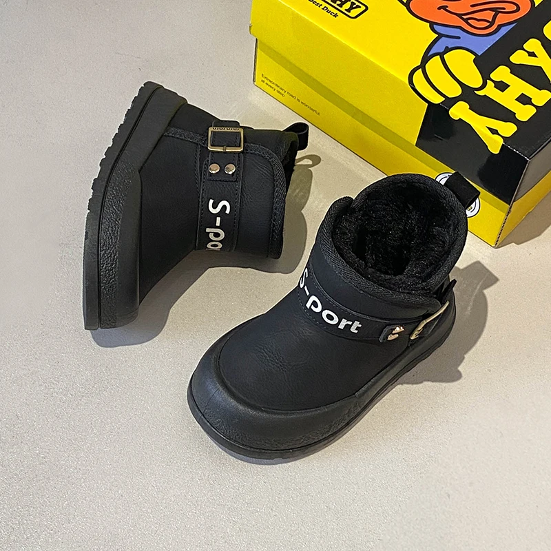 어린이 스노우 부츠 겨울 따뜻한 PU 가죽 패션 부츠 어린이를위한 캐주얼 코튼 신발 소년 소녀 발목 부츠 버클 스트랩