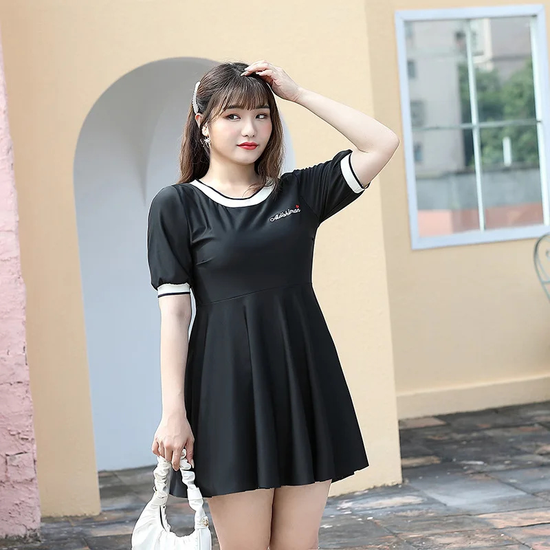 女性用ツーピース水着,スカートセット,韓国風,フロントジッパー