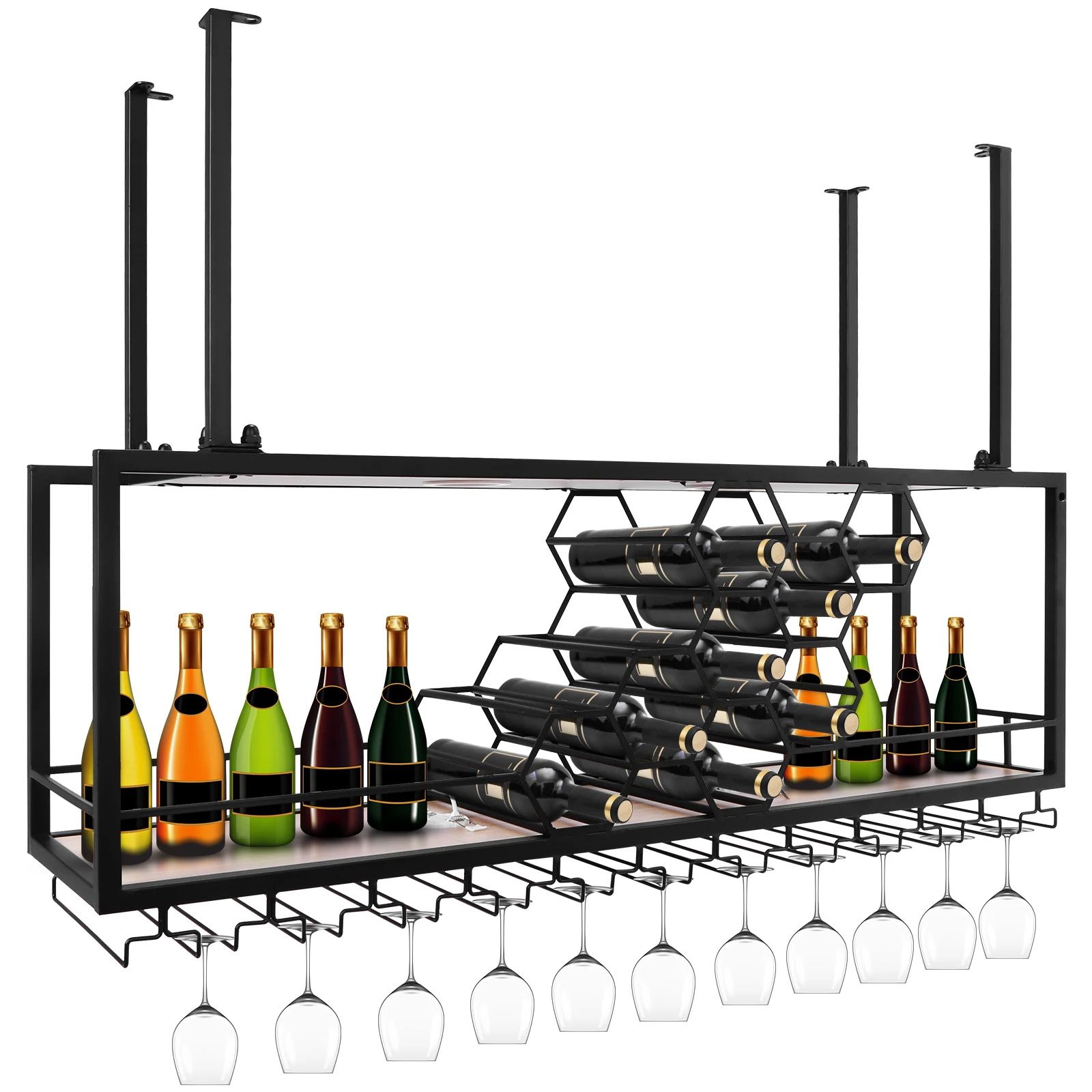 Metal Hanging Wine Rack with Honeycomb Design for Kitchen
