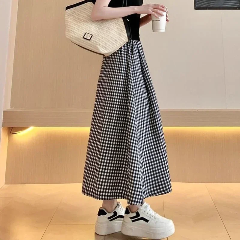 Women A-line Skirt High Waist Slim Summer Pocket Long Skirts Black White Lattice Cute Sweet Girls Half Skirt Girls Clothing