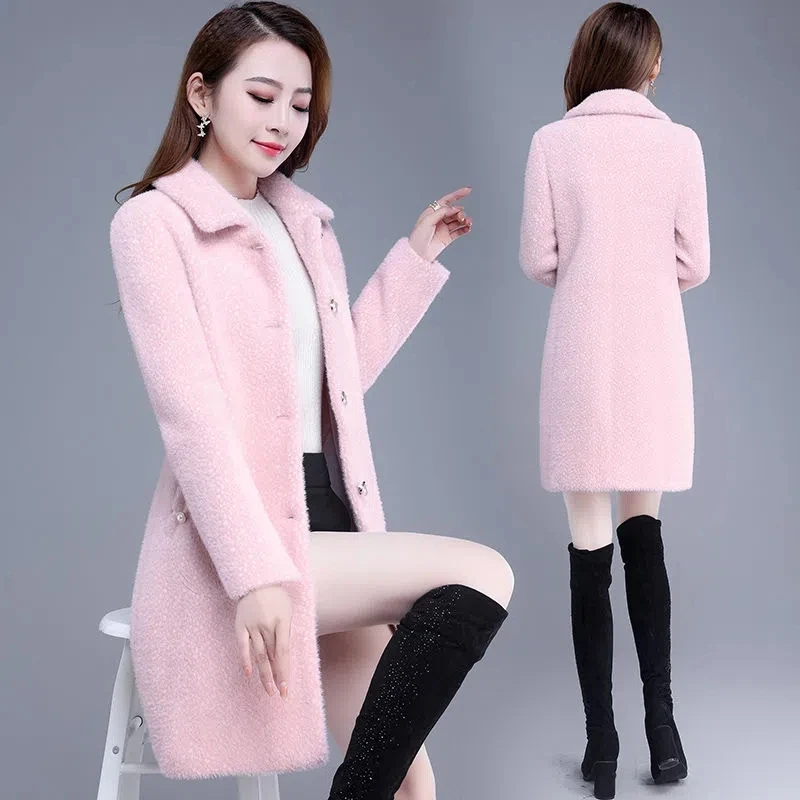 

Winter Jacket Women 2022 Solid Long Imitation Mink Velvet Wool Coat Thick Cotton Padded Ladies Woolen Coat Elegant Pink Outwear