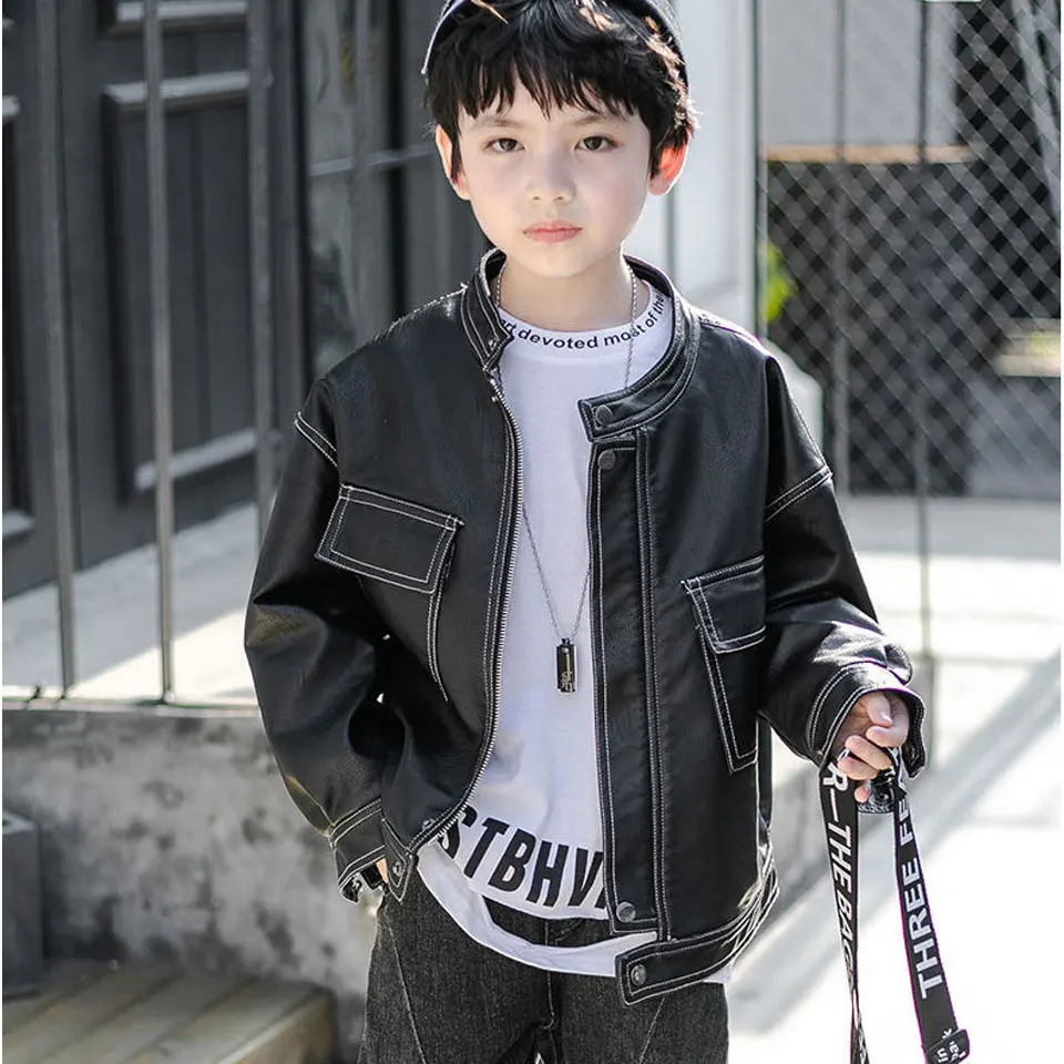 

Solid Color Spring Autumn Warm Jacket Outwear Kids Boys Pu Coat Turn-down Collar Tops For 3T 4 6 8 10 12 14 Yrs Children Clothes