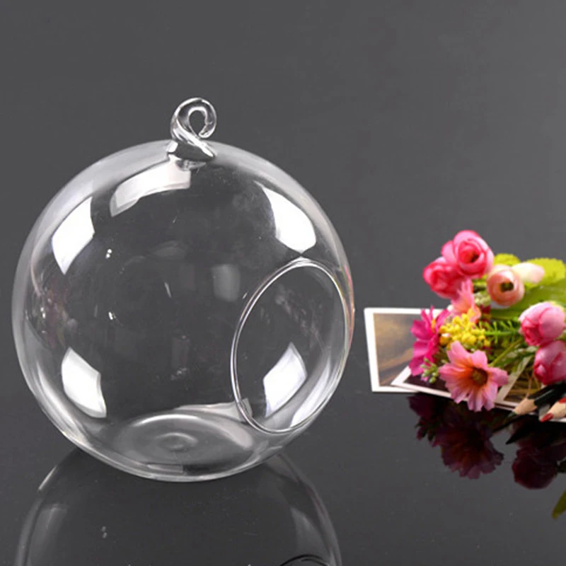 6/8/10cm Transparent Glass Candle Holder Flower Hanging Ball Vase Terrarium Tea Light Candlestick For Home Wedding Party Decor