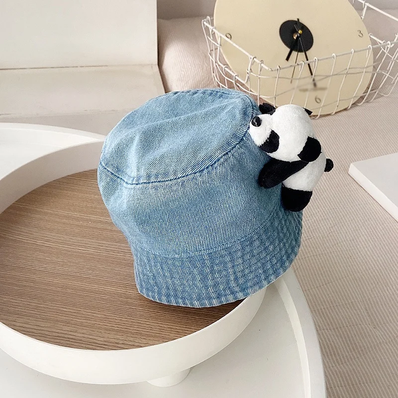 Denim Baby Bucket Hat 3D Panda Kids Sun Hat Outdoor Child Panama Cap Sun Prontction Toddler Hats Children Accessories 48/52cm 5