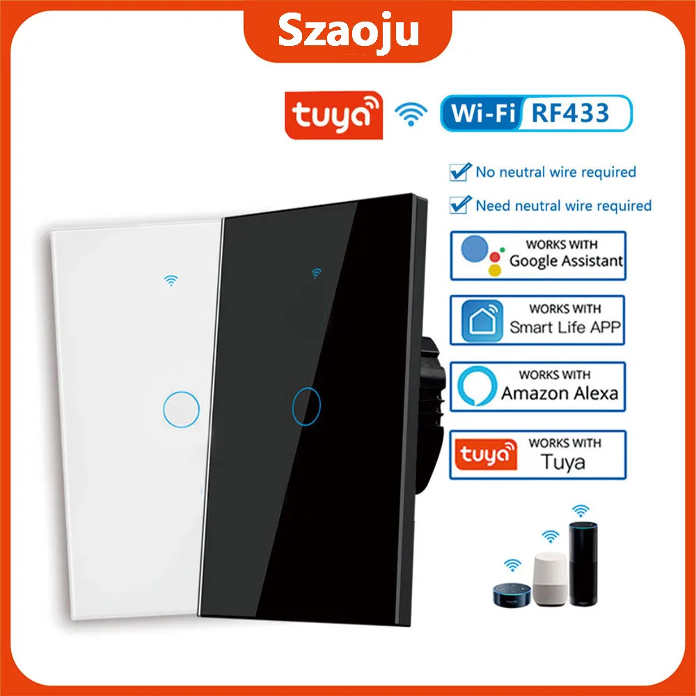 Tuya US WiFi Smart Wall Switch RF433 1/2/3 Gang No Neutral Wire Touch Sensor LED Light Switch Smart Home Alexa Google Home