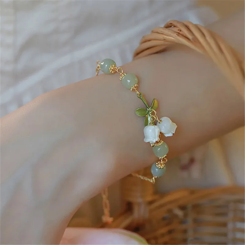 

Natural Hetian Jade Beads Adjustable Charm Bracelet Bell Orchid Pendant Ins Niche Design Romantic Trendy Chain Jewelry Girl Gift