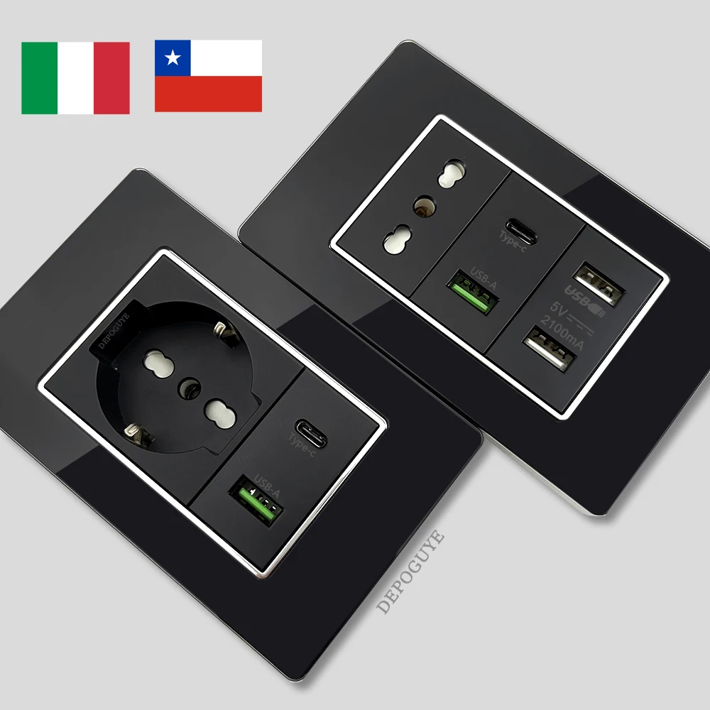 กระจกนิรภัยสีดำ อิตาลี ชิลี ปลั๊กไฟติดผนังแบบ USB Type C ชาร์จเร็วอัจฉริยะ แผงสวิตช์ไฟ Schuko ทีวี แซท คอมพิวเตอร์ CAT 1