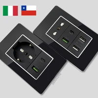 กระจกนิรภัยสีดำ อิตาลี ชิลี ปลั๊กไฟติดผนังแบบ USB Type C ชาร์จเร็วอัจฉริยะ แผงสวิตช์ไฟ Schuko ทีวี แซท คอมพิวเตอร์ CAT 1
