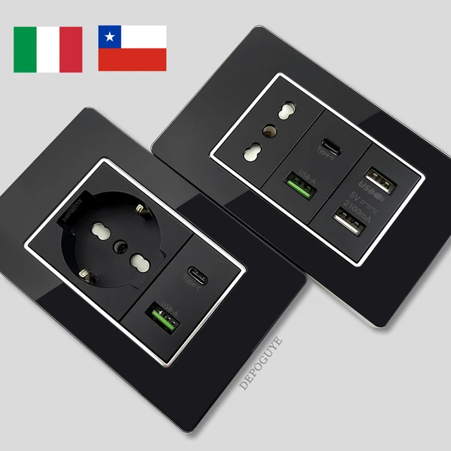 กระจกนิรภัยสีดำ อิตาลี ชิลี ปลั๊กไฟติดผนังแบบ USB Type C ชาร์จเร็วอัจฉริยะ แผงสวิตช์ไฟ Schuko ทีวี แซท คอมพิวเตอร์ CAT 1