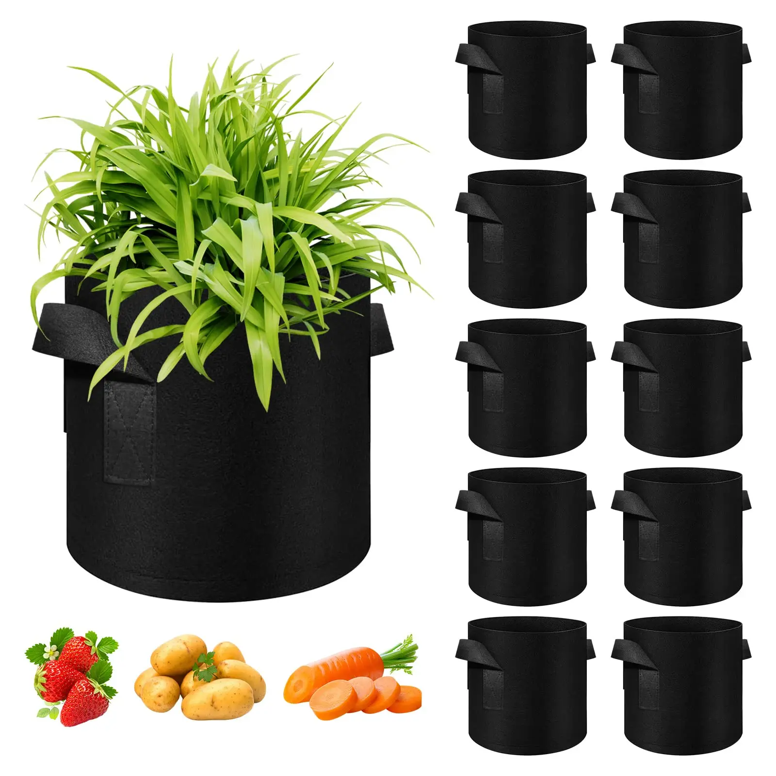 Contenitori Giardinaggio 10 Vasi Per Piante In Plastica Da 30 Litri Con Manici - Ideali Per Patate, Piante Da Interno Ed Esterno, Neri E Resistenti Da Esterno