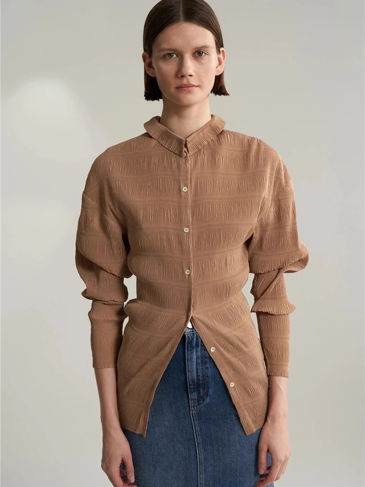 

Totem* Women's Luxury Classic Versatile Fashionable Pleated Texture Sense of Art Waist Pleated Fly Sleeve Shirt Fall Blouse