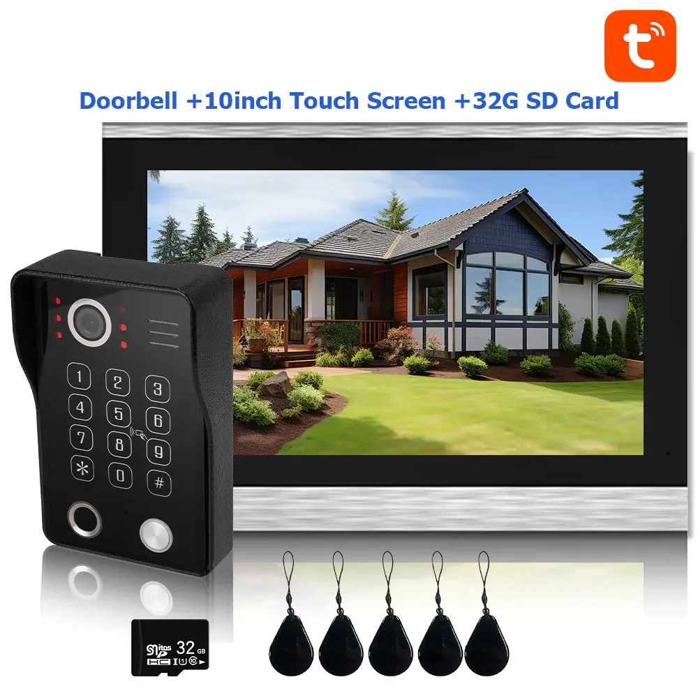 Tuya 10 Inch Video Intercom Doorphone Touch Screen Wired Doorbell 1080P 148&deg; APP Password Fingerprint Card Swipe Monitor smart video doorbell video intercom kit