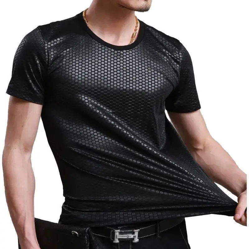

2023 Men's Ice Silk Fabric Clothes Summer Round Neck Solid Color Casual Tops Fashion Slim Jacquard Weave T-shirt