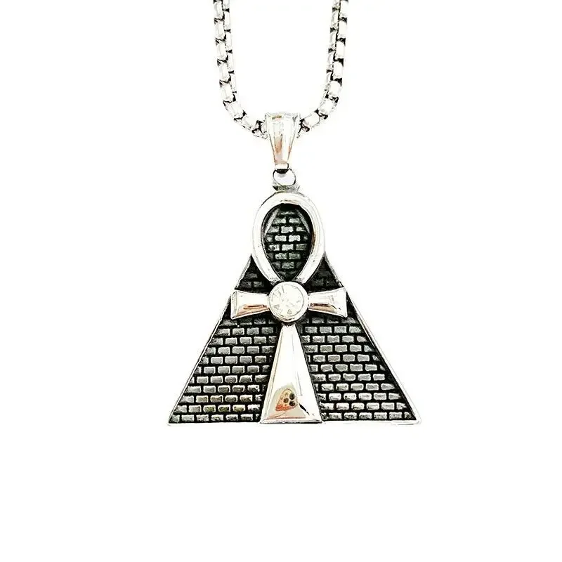 

CHUANGCHENG Vintage Mens Stainless Steel CZ Egyptian Pyramid Ankh Cross Pendant Men's Necklace Accessories Chains