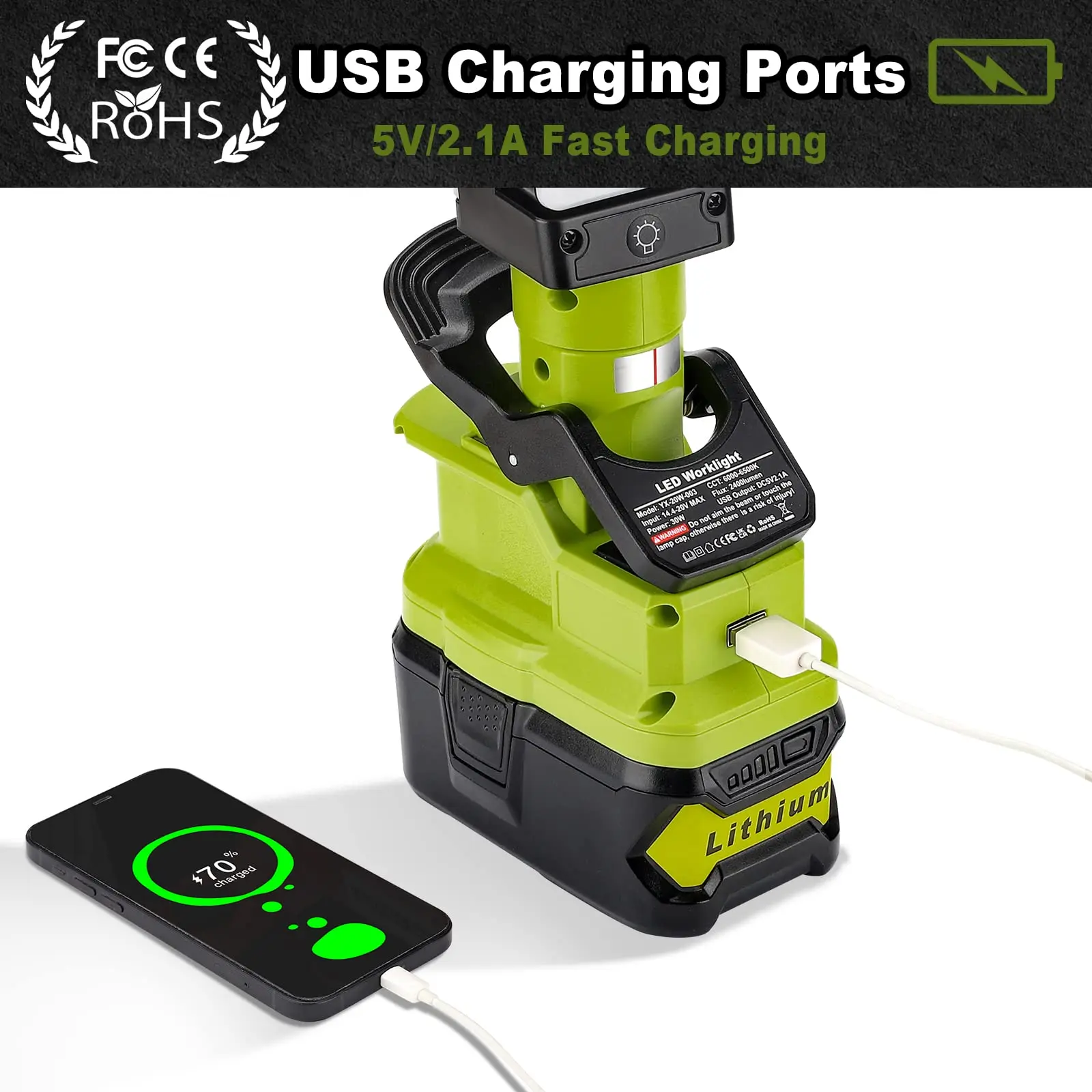 Cordless LED Work Light for Ryobi 18v Battery 30W 2400LM FloodLight Outdoor Flas