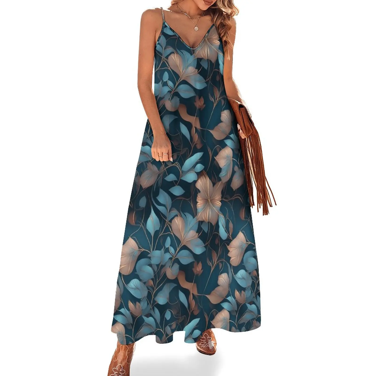 

New Elegant leaf tendrils in cream and light blue Sleeveless Dress Clothing dresses for women elegant women's sets