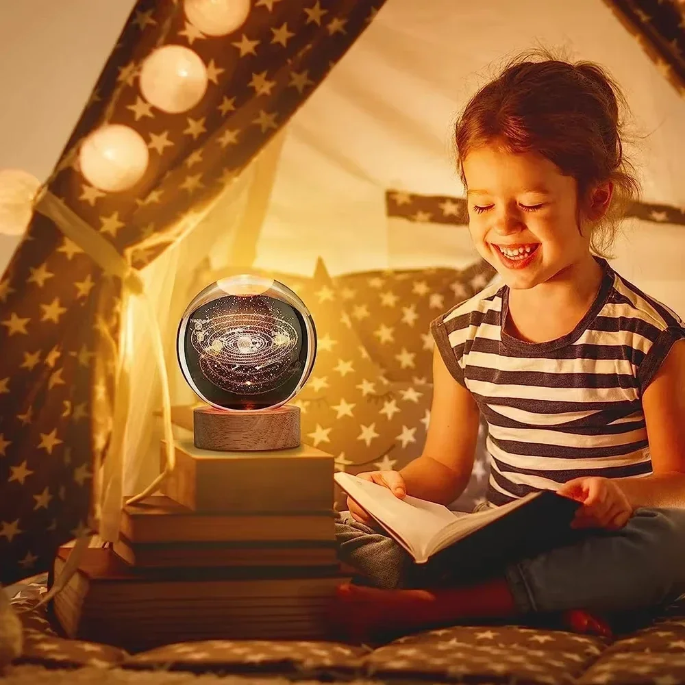 Unique 3D Crystal Ball Night Light Led Lamp Bedside Table Glowing Galaxy Lamp Saturn Planets Moon Children Birthday Gift Toy