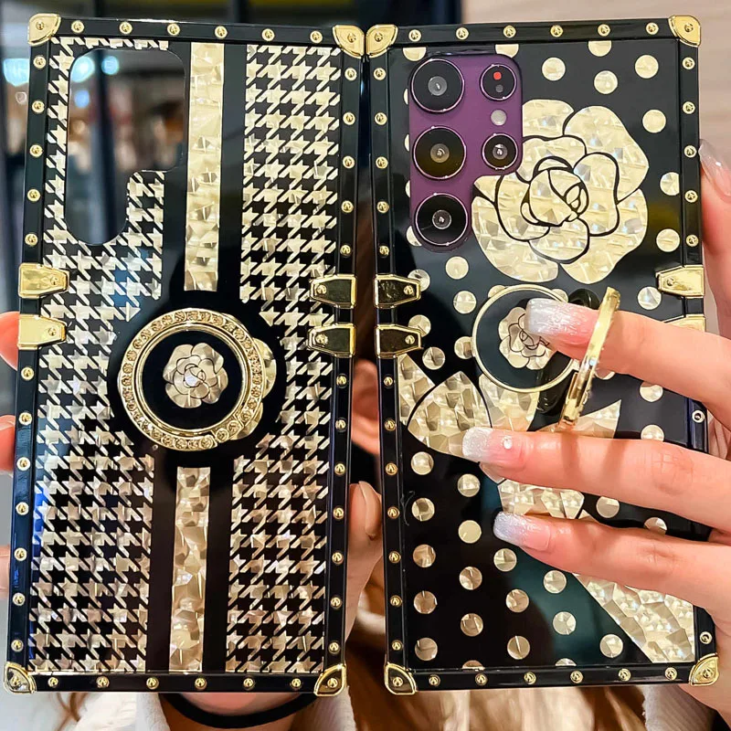 

Luxury Gold Case For Galaxy S23 S22 Ultra S21 S20 FE Note20 Ultra Plus A13 Cover Stand Ring Fundas A53 A13 A52S Coque Capa Brand