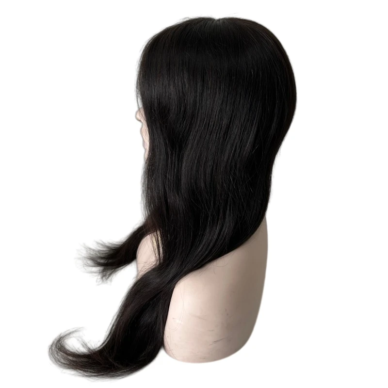 인도산 천연 생모, 자연색, 실키 스트레이트, 180% 밀도, 풀 레이스와 PU 테두리가 있는 여성용 가발