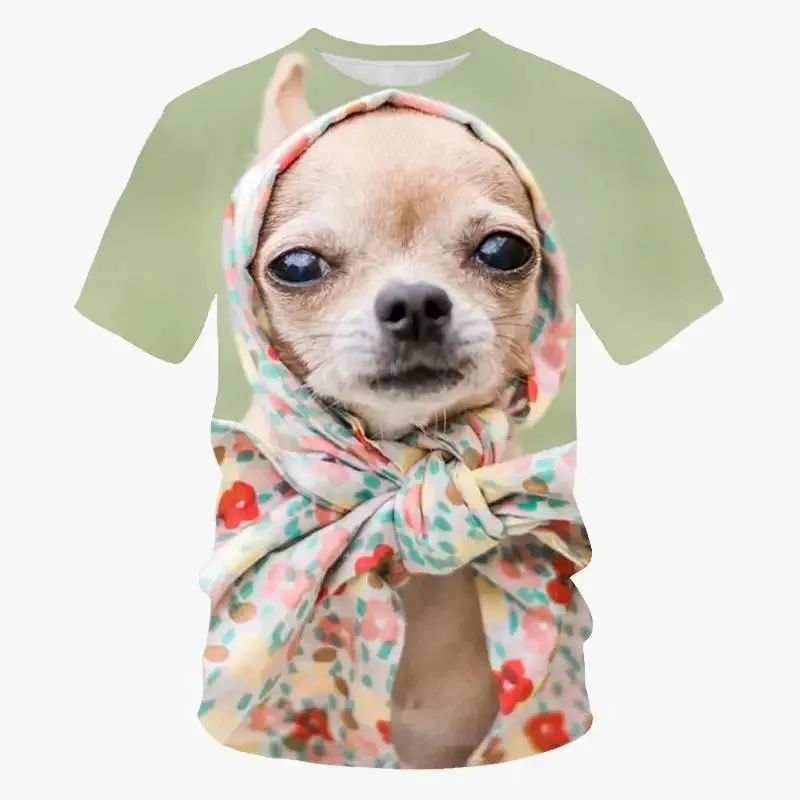 

Adult and children's cartoon dog 3D printed T-shirt, round neck slim top, Chihuahua fashion, casual, Harajuku, summer novelty