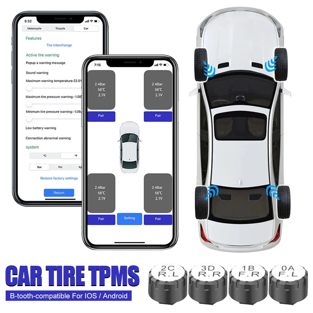 FL/FR/RL/RR 타이어 압력 센서, 자동차 TPMS, 블루투스 호환, 타이어 압력 모니터링 시스템, 외부 센서, 안드로이드 ...