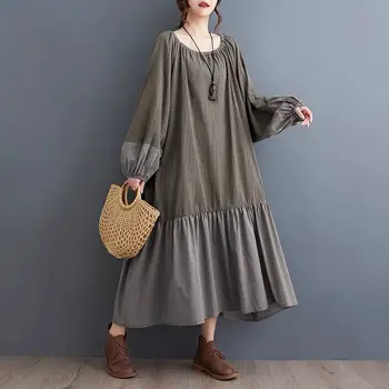 Abito da donna autunno 2025 retrò in cotone e lino artistico sciolto di grandi dimensioni con coulisse manica a lanterna abito di grandi dimensioni 1