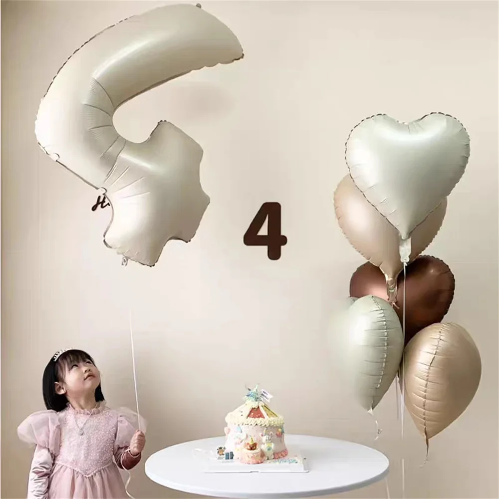 6Pcs Retro Caramel Beige Cream Number Foil Balloons 18inch Heart Balloons foil number balloons foil balloons birthday balloons birthday balloon set party balloon set birthday party decoration set Kids 1 2 3th Birthday Baby Shower Party Decoration