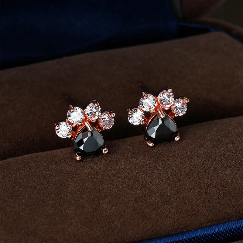Fashion Female Small Black Crystal Zircon Stud Earrings Paw Claw Heart Wedding Jewelry For Women