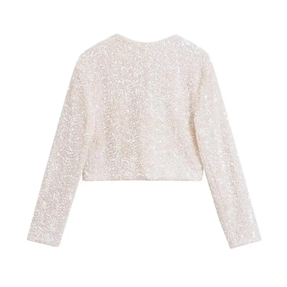 

Женская Блестящая куртка с длинным рукавом, укороченная куртка с блестками и бантом на шнуровке, Элегантный Блестящий кардиган для женщин