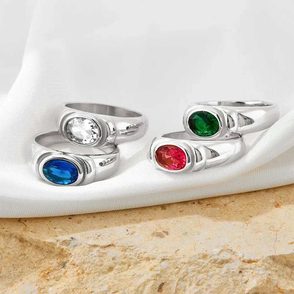 New Retro Multicolour Zircon Oval Crystal Engagement Ring for Women  Stainless Steel Chunky Knuckle Rings Gothic Jewelry Anillos
