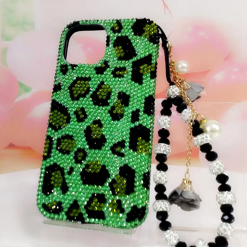 Bing Bing Green Leopard Print Rhinestone Phone Protective Case for iPhone11 121314 15pro Max Xs Xr Phone Case Rhinestone