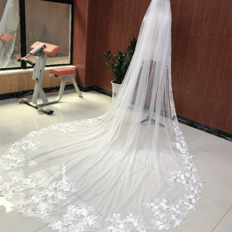 

Elegant Wedding Veil1 Tier White Ivory Floral Lace Edge Bridal Veil with Comb Cathedral Length 300cm/350cm Bride Accessories