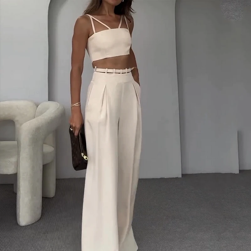 Waytobele Women Two Piece Set Summer Fashion Solid Tank Sleeveless Hollow Backless Lace Up Top Loose Wide Legs Pants Sets