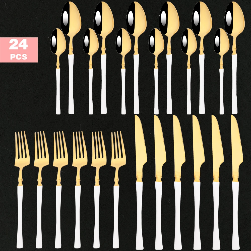 

Flatware Stainless Steel Set White Gold Dinnerware Cutlery Set 16/24Pcs Knife Fork Coffee Spoon Mirror Luxury Wedding Tableware