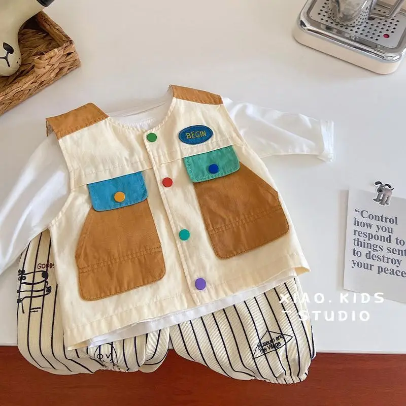 Spring Autumn Children Patchwork Vest 1-8Y Boys Cotton Pockets Casual Waistcoats Kids Girls Tank Tops Korean Toddler Outerwear