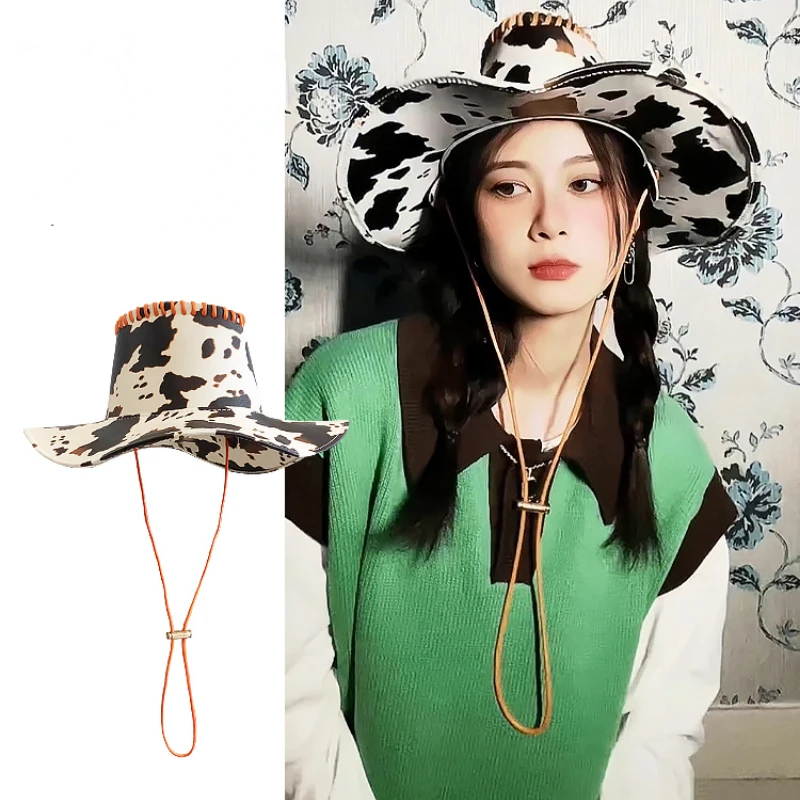 new-y2k-spring-and-autumn-western-cowboy-hat-cow-pattern-pu-retro-big