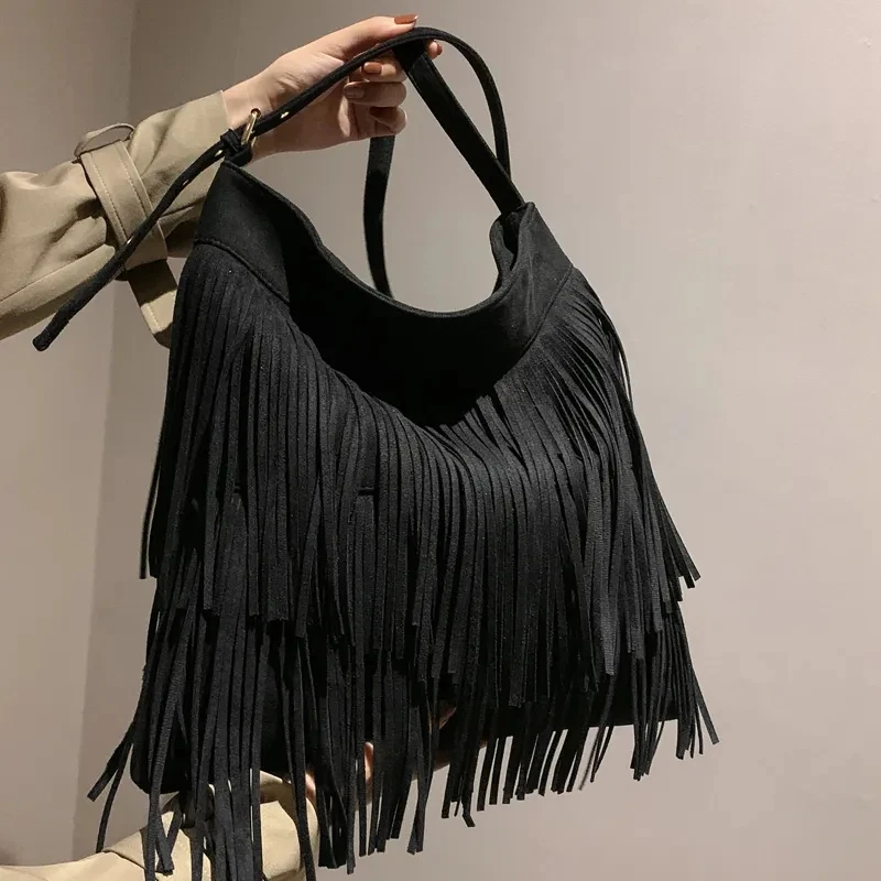 GUESS Womens Handbag Suede Fringe Hippie Chic Boho Logo Fob & Lining Black  - Veg4U