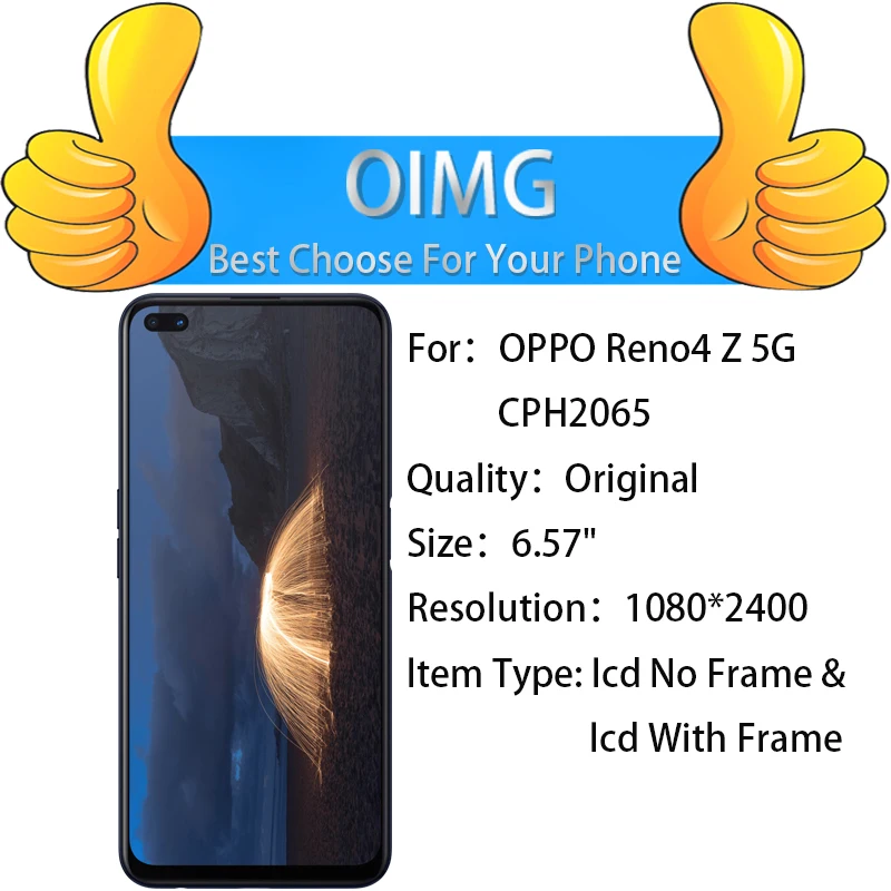 Écran LCD d'origine avec cadre pour OPPO Reno4 Z 5G, pièces de rechange de Hébergements eur d'écran tactile, Reno 4Z CPH2065, 6.57 pouces