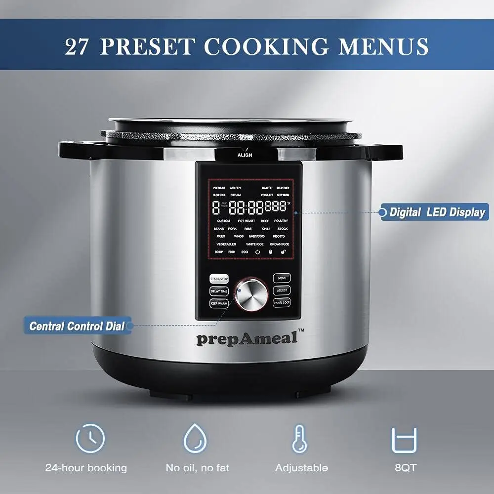 Pressure Cooker & Air Fryer Combo with Pressure Lid and Air-Fry Lid-7-in-1 cooking Modes, Easy Read LCD Display, 27 Presets Pr