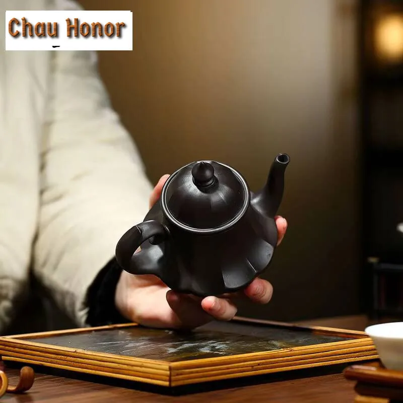 190ml Yixing Purple Clay Pot Famous Hand-made Ribbed Palace Lantern Teapot Raw Ore Black Mud Household Tea Set Customized Gifts