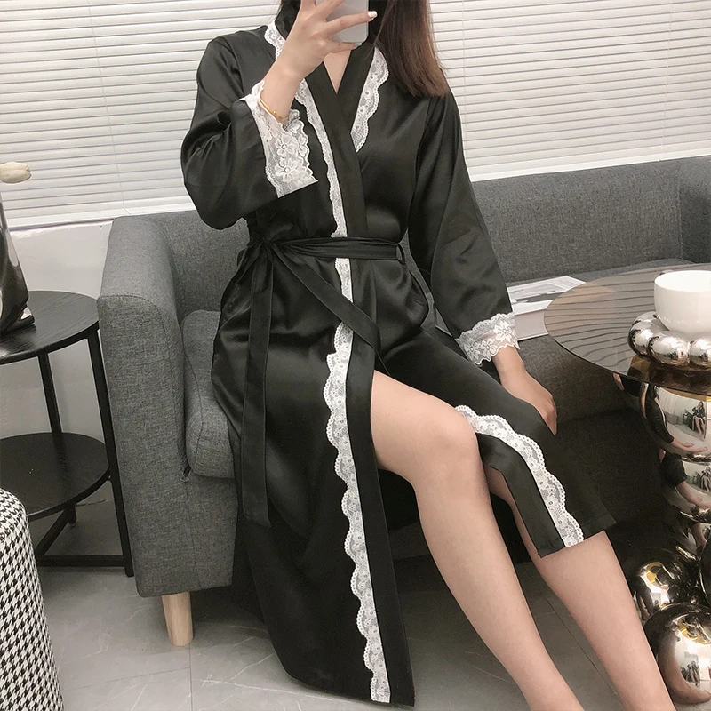 New spring and autumn women's nightgown home service women's ice silk mid-length bathrobe sexy lace silk nightgown with belt