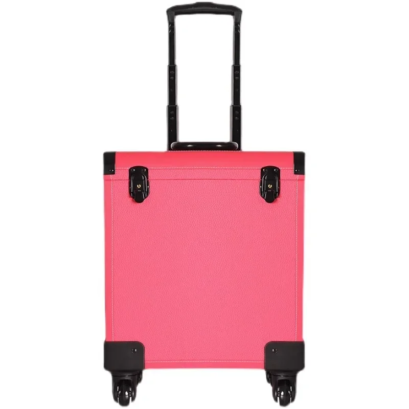 

Professional Beauty Nail Art Pink Makeup Case Multi-Function Toolbox Leather Roller Trolley Case Can Store Aluminum Alloy