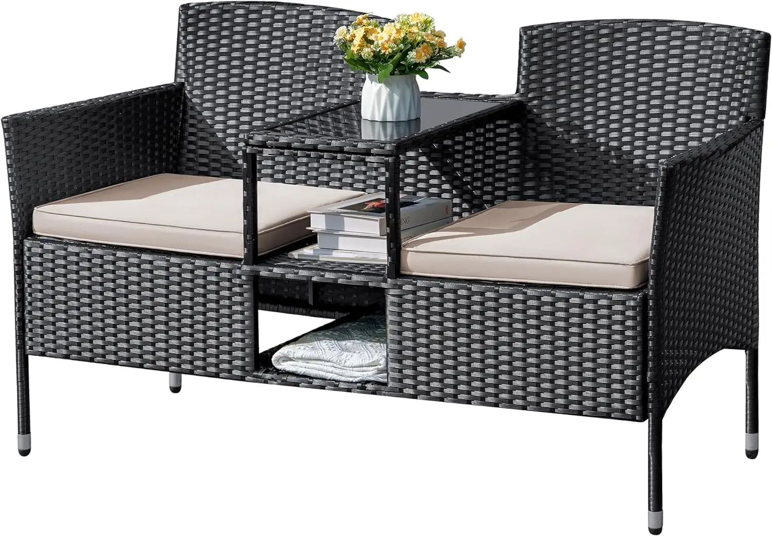 

Outdoor Furniture Patio Loveseat Wicker 2-Seat with Built-in Table and Cushions Rattan Porch Chairs Bench for Balcony