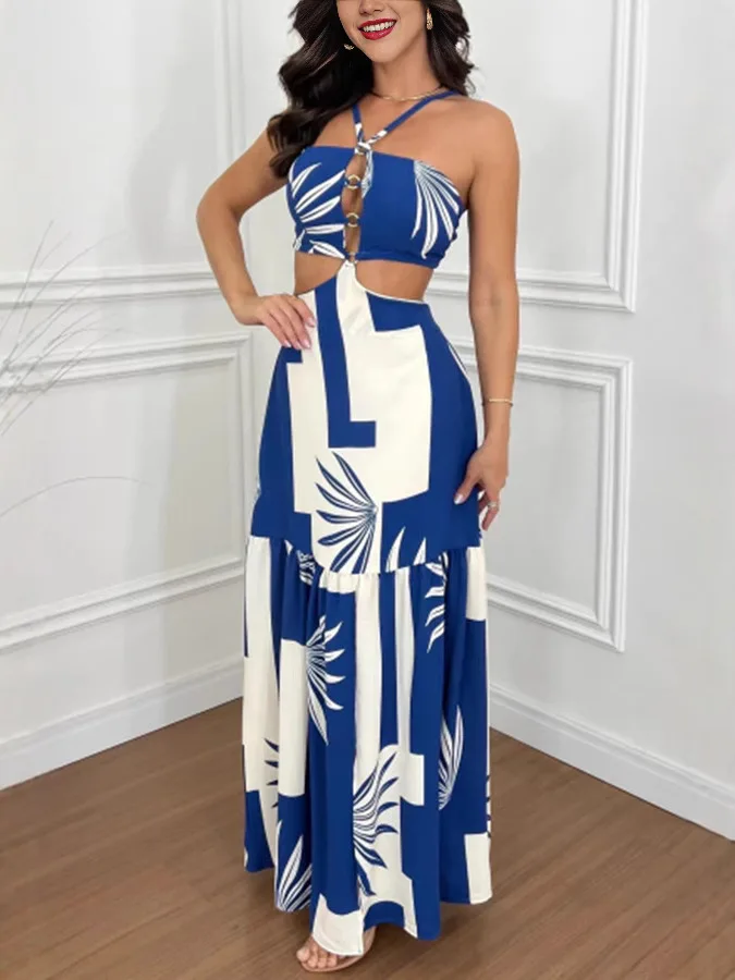 New Fashion Summer Casual Tropical Print Backless Maxi Dresses Sexy Hollow Halter Elegant Lady Vacation Female Long Sundress 4